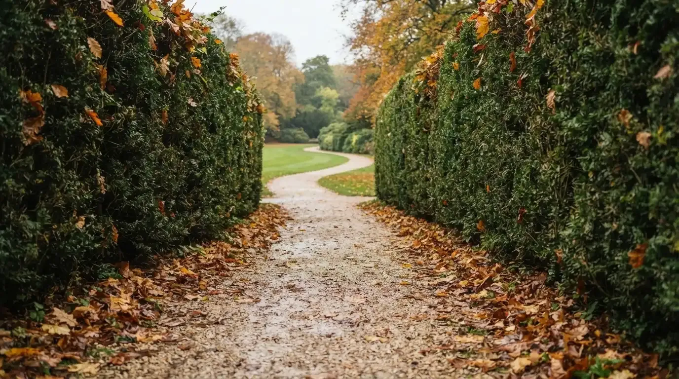 Ein schmaler Kiesweg führt zwischen zwei Hecken durch einen Park, auf dem Weg liegt Herbstlaub.
