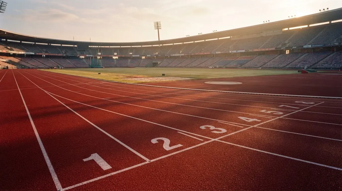 Eine rote Laufbahn in einem leeren Stadion bei Sonnenaufgang, die Bahnen ziehen sich in die Kurve.