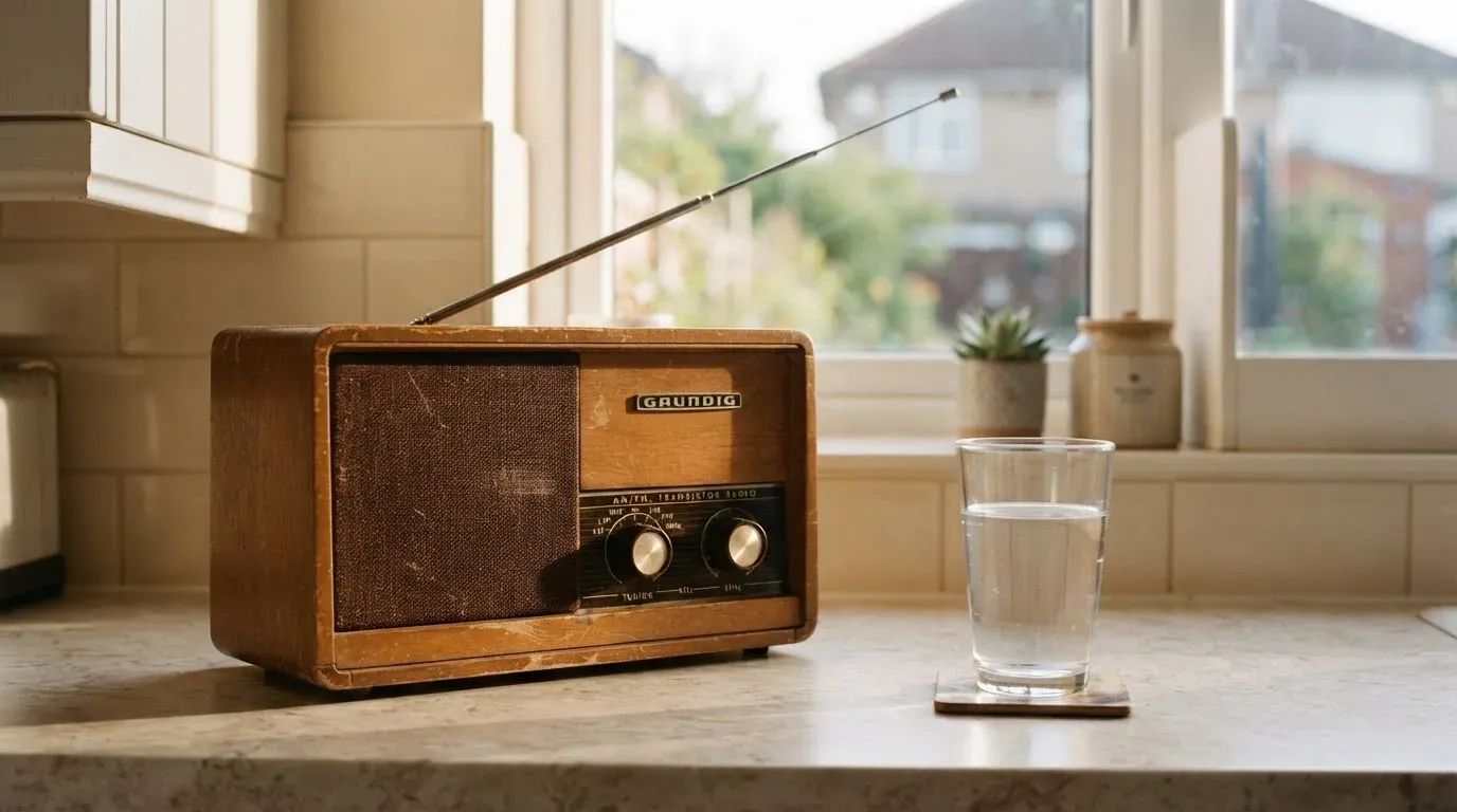 Ein altes Radio steht auf einer Küchenablage neben einem Glas Wasser, Morgenlicht fällt durchs Fenster.