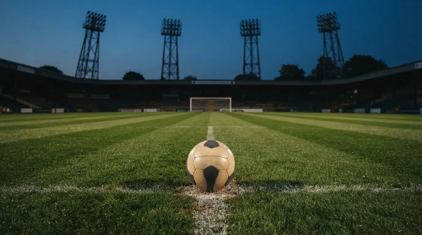 Ein Fussball liegt auf dem Mittelpunkt eines leeren Rasenplatzes, im Hintergrund ragen Flutlichtmasten in die Abenddämmerung