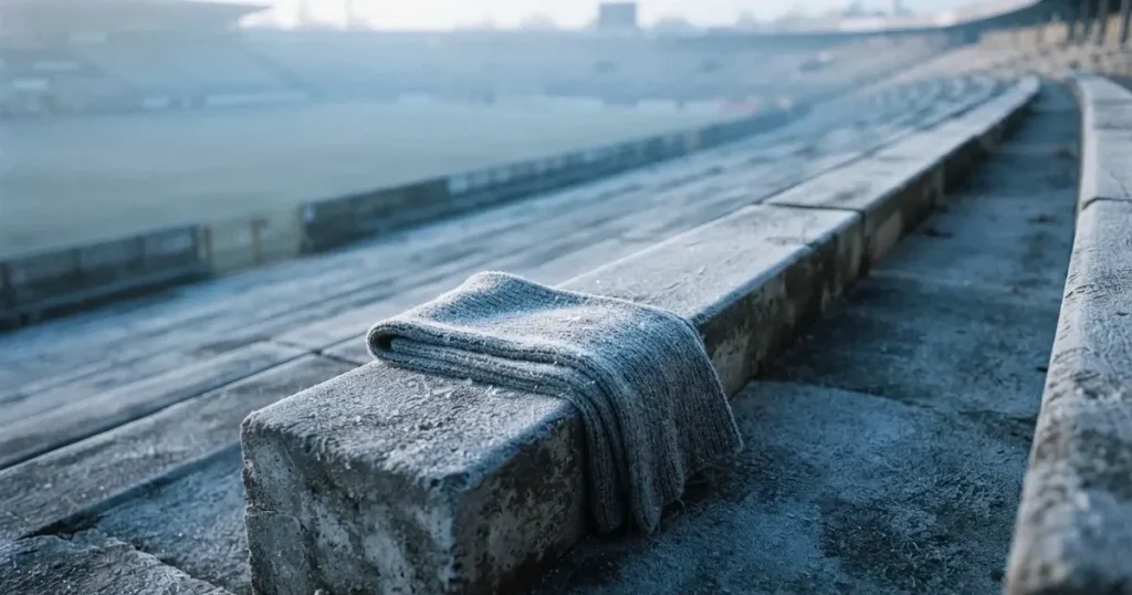 Ein einfarbiger grauer Schal liegt auf einer leeren Betontribüne, Raureif auf den Sitzen, kühles Morgenlicht über dem Stadion