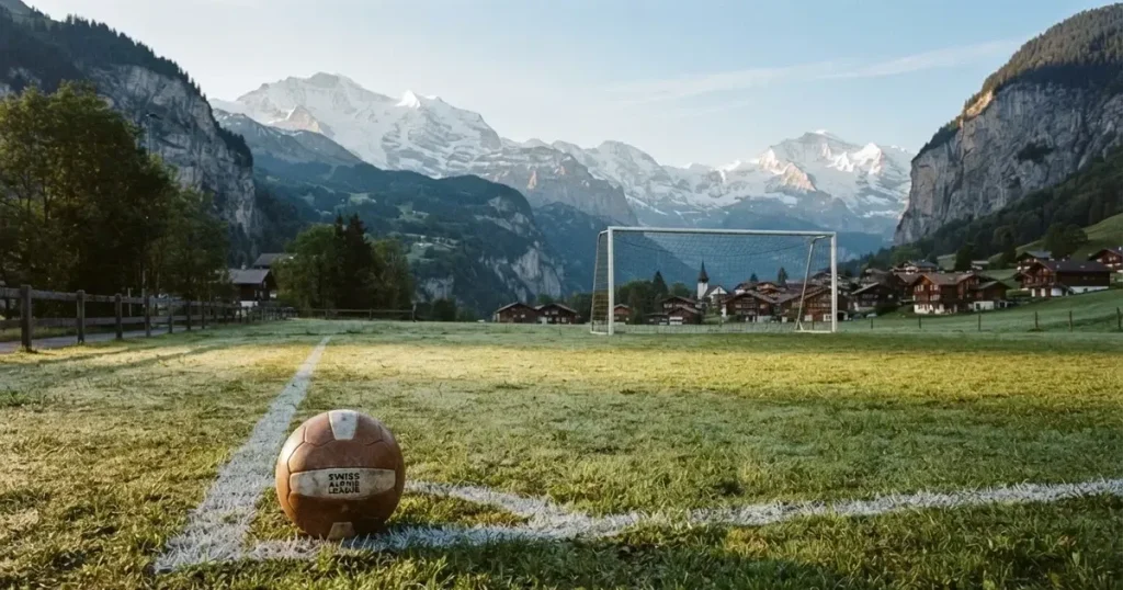Ein Dorf-Sportplatz mit einem Ball am Strafraumrand, dahinter schneebedeckte Alpengipfel im klaren Morgenlicht