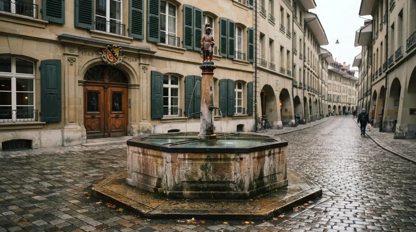 Ein Brunnen vor einer Sandsteinfassade in einer Altstadtgasse, nasses Kopfsteinpflaster und gedämpftes Licht eines bewölkten Morgens