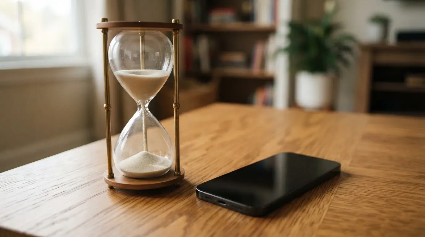 Eine Sanduhr steht neben einem Smartphone mit dunklem Display auf einem Holztisch, ruhiges Tageslicht fällt von der Seite ein