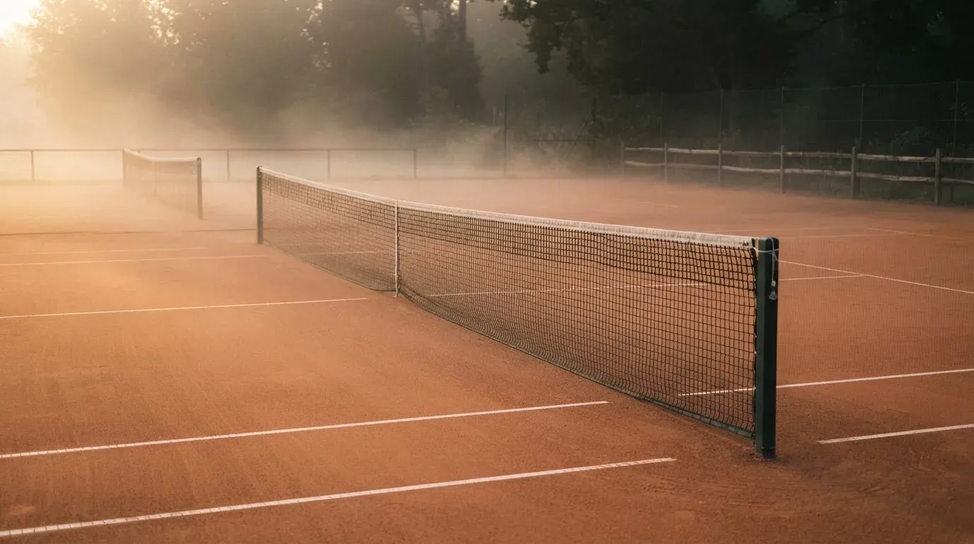 Ein Tennisplatz mit Sandbelag in der Morgendämmerung, Netz und Linien liegen im ersten Licht, Nebel hängt über dem Boden