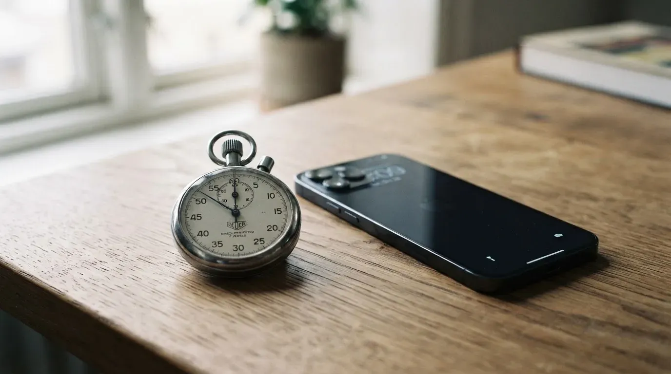Eine Stoppuhr und ein Smartphone mit dunklem Display liegen nebeneinander auf einem Holztisch, weiches Fensterlicht
