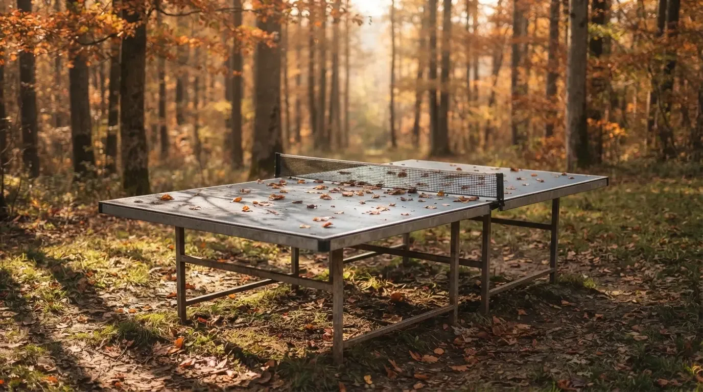 Eine Tischtennisplatte im Freien unter Bäumen, Herbstlaub liegt auf der Platte, das Licht fällt schräg durch die Äste