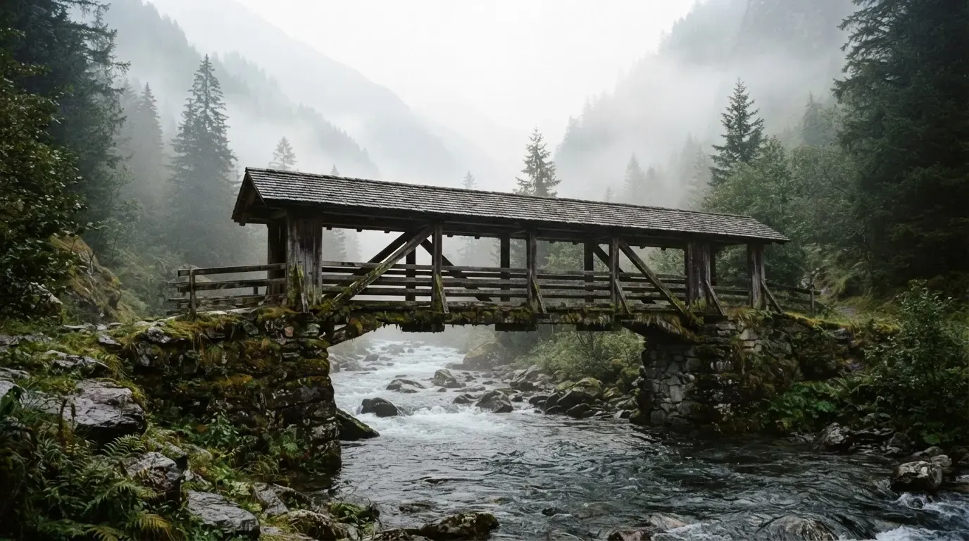 Eine alte Holzbrücke über einen Gebirgsbach, Moos auf den Steinen, Nebelschwaden hängen im Tal