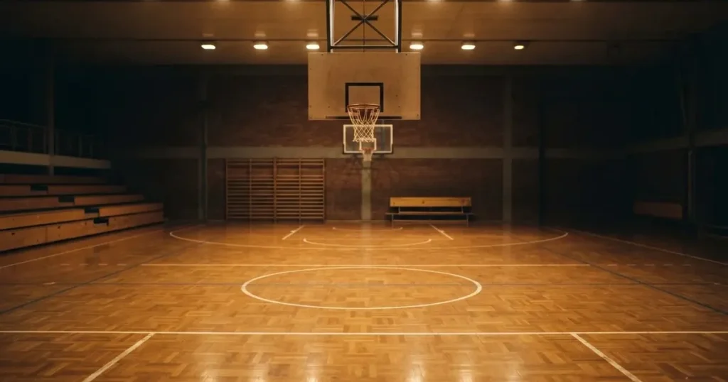 Ein Basketballkorb in einer leeren Halle, der Parkettboden glänzt im Licht der Deckenlampen