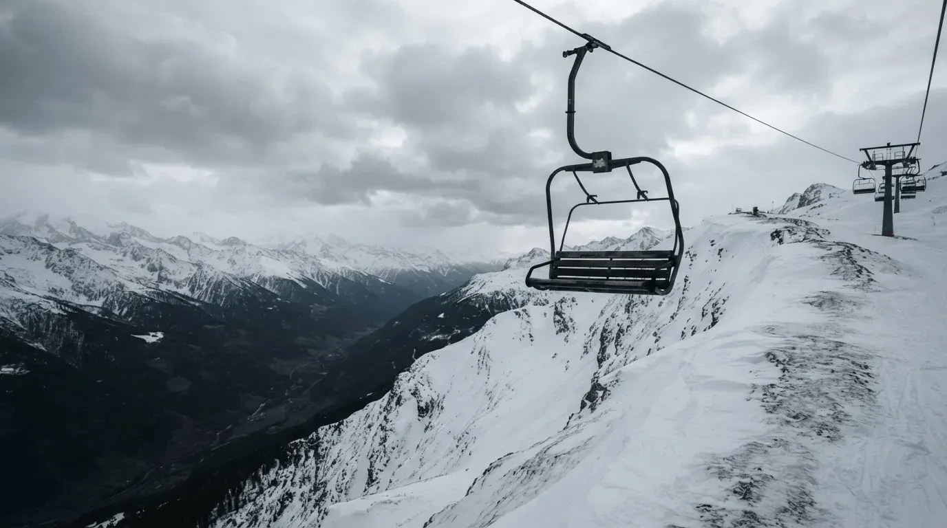Ein Sessel eines Skilifts schwebt über einer verschneiten Hangkante, dahinter ziehen graue Wolken auf