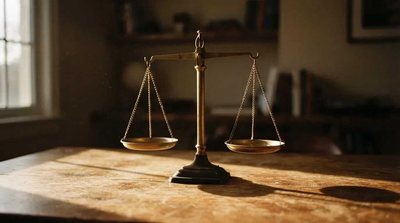 Eine Waage mit zwei leeren Schalen steht auf einem Schreibtisch, Seitenlicht wirft lange Schatten