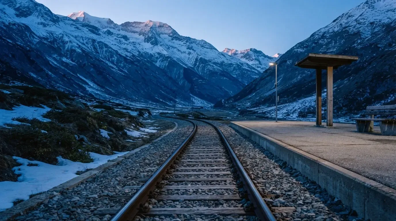 Ein Bahngleis in den Bergen mit Schneeresten und einem leeren Perron im Morgengrauen