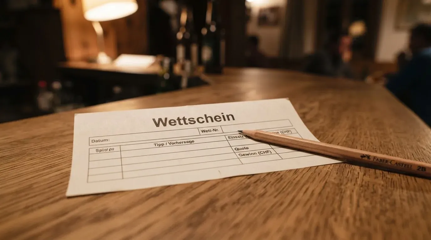 Ein leerer Wettschein aus Papier und ein Bleistift liegen auf einem Holztresen, warmes Licht einer Lampe