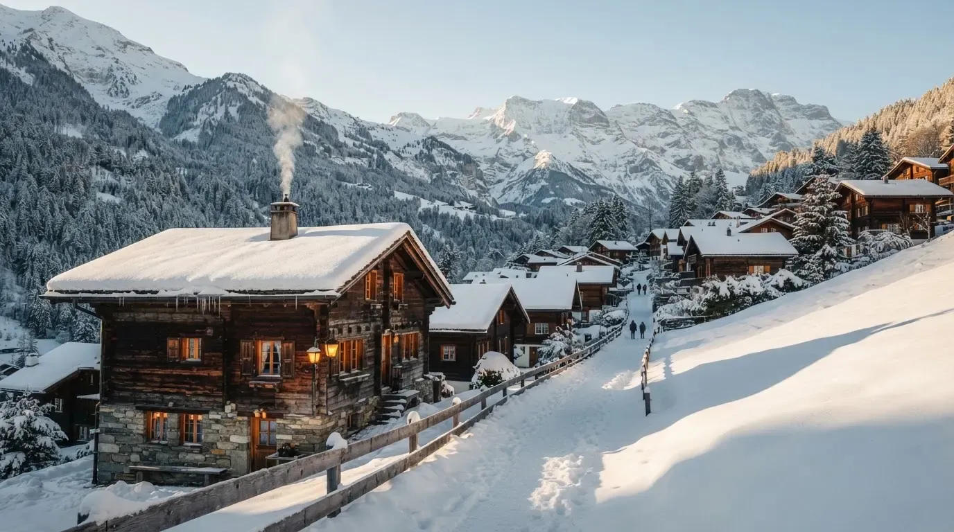 Ein Bergdorf mit Holzhäusern im Schnee, Rauch steigt aus einem Kamin, später Nachmittag mit tiefem Licht