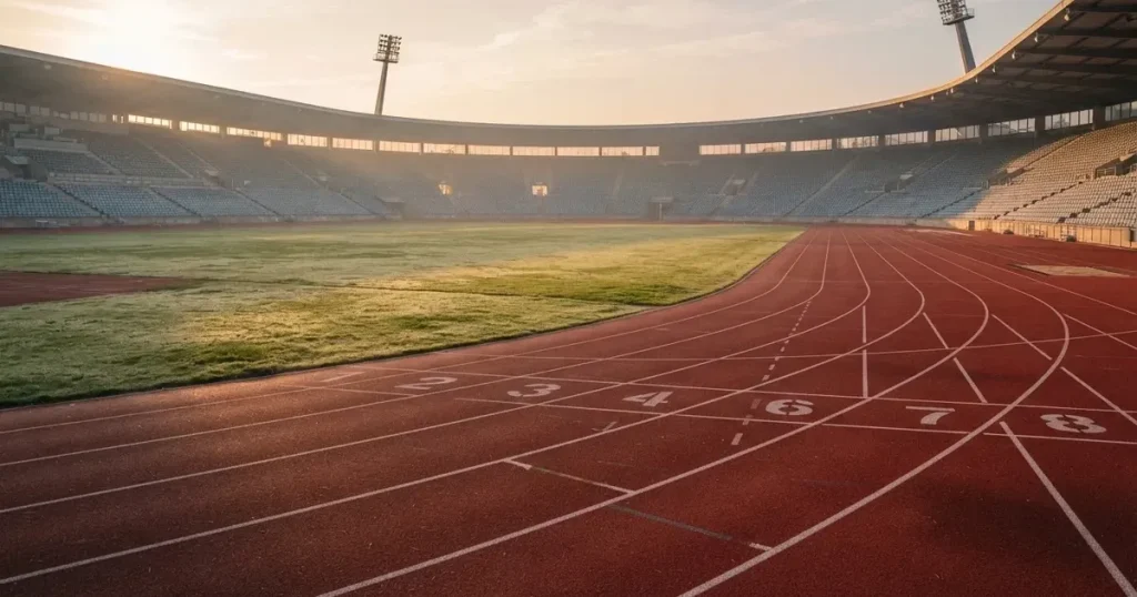 Eine rote Laufbahn in einem leeren Leichtathletikstadion, Morgentau liegt auf dem Rasen in der Mitte