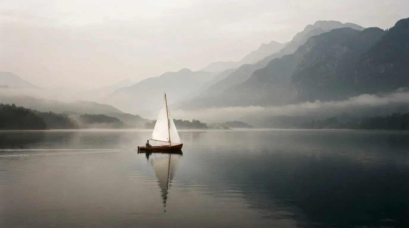 Ein kleines Segelboot auf einem ruhigen Bergsee, Nebel liegt am Ufer, die Berge verschwinden im Dunst