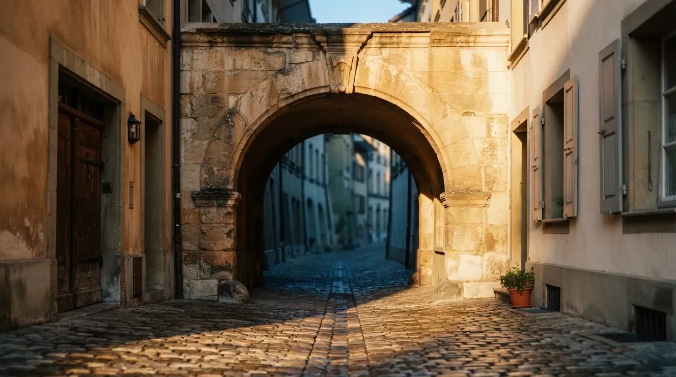 Ein steinerner Torbogen in einer Altstadtgasse, Morgensonne fällt schräg auf das Pflaster