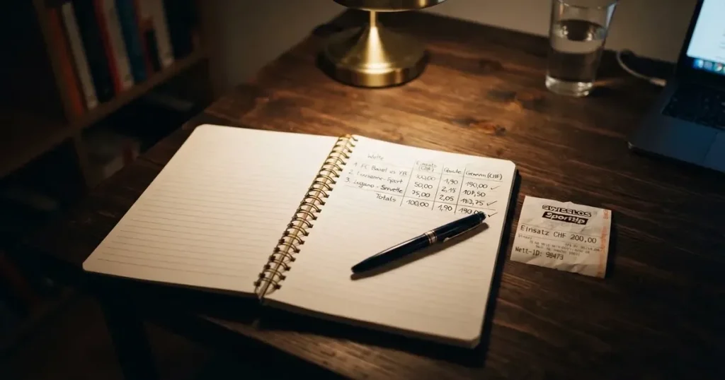 Ein Notizbuch mit handschriftlichen Spalten und ein Kugelschreiber neben einem Taschenrechner, Licht einer Schreibtischlampe