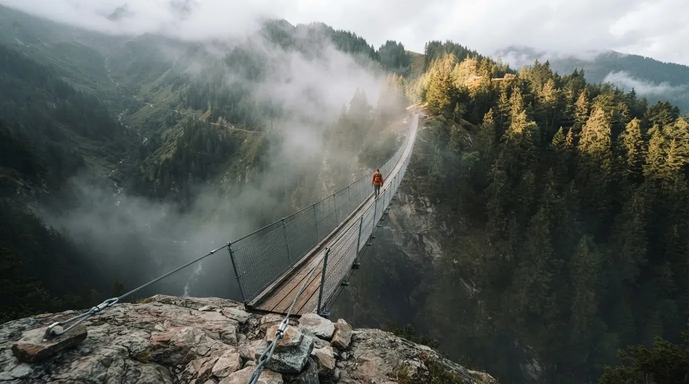Eine Hängebrücke über eine Schlucht, Nebel steigt auf, dichter Wald bedeckt die steilen Hänge