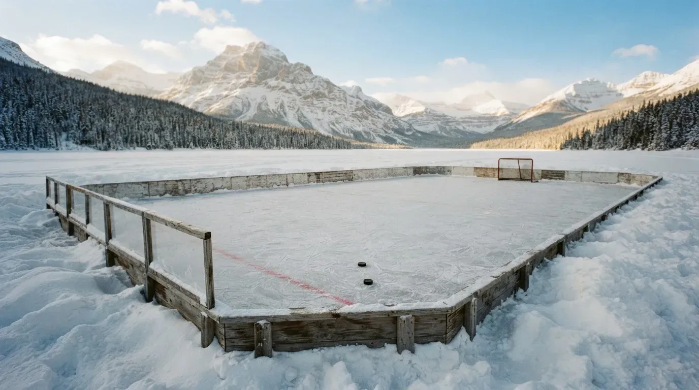 Ein Eishockeyfeld im Freien auf einem zugefrorenen See, Schneewehen an den Banden, klare Winterluft