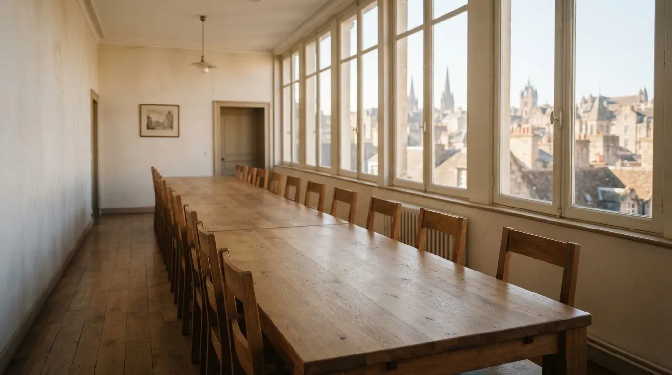 Ein langer Holztisch mit leeren Stühlen in einem hellen Raum, die Fenster geben den Blick auf Dächer frei
