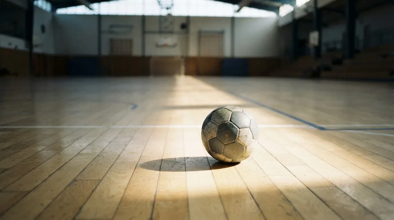 Ein Handball liegt auf dem Hallenboden einer leeren Sporthalle, Streifen von Licht aus den Oberlichtern