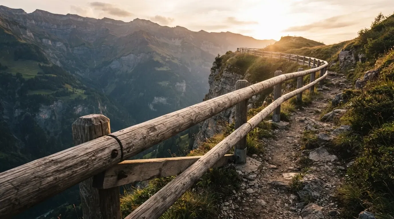 Ein stabiles Holzgeländer am Rand eines Wanderwegs über einer Schlucht, Gegenlicht über den Hängen