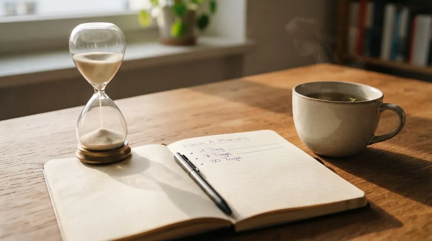 Eine Sanduhr steht neben einem Notizbuch mit handschriftlichen Notizen auf einem Holztisch, daneben dampft eine Tasse Tee.