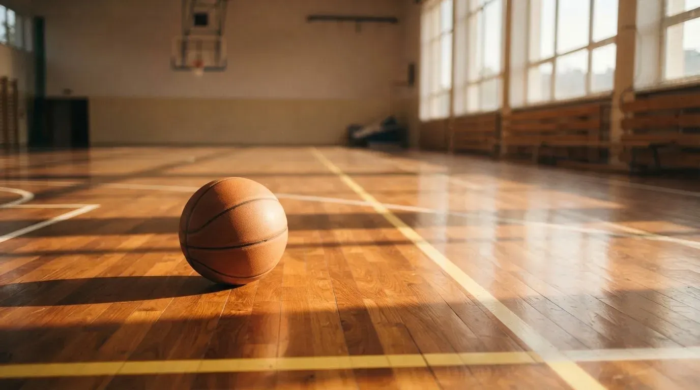 Ein Basketball ruht auf dem polierten Parkett einer leeren Halle, Nachmittagslicht fällt durch hohe Fenster.