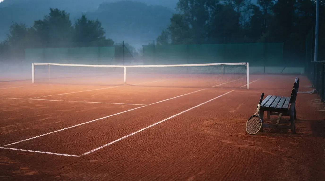 Ein gepflegter Tennisplatz im Morgengrauen, über der Grundlinie hängt leichter Nebel und die Bänke am Rand sind leer.