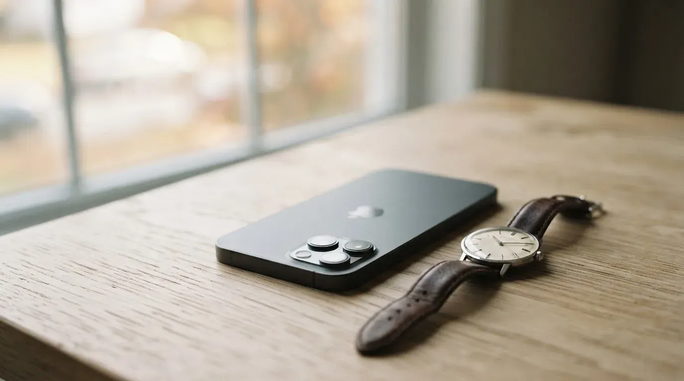 Ein Smartphone liegt mit dem Display nach unten auf einem Tisch neben einer Armbanduhr, im Hintergrund ein unscharfes Fenster.