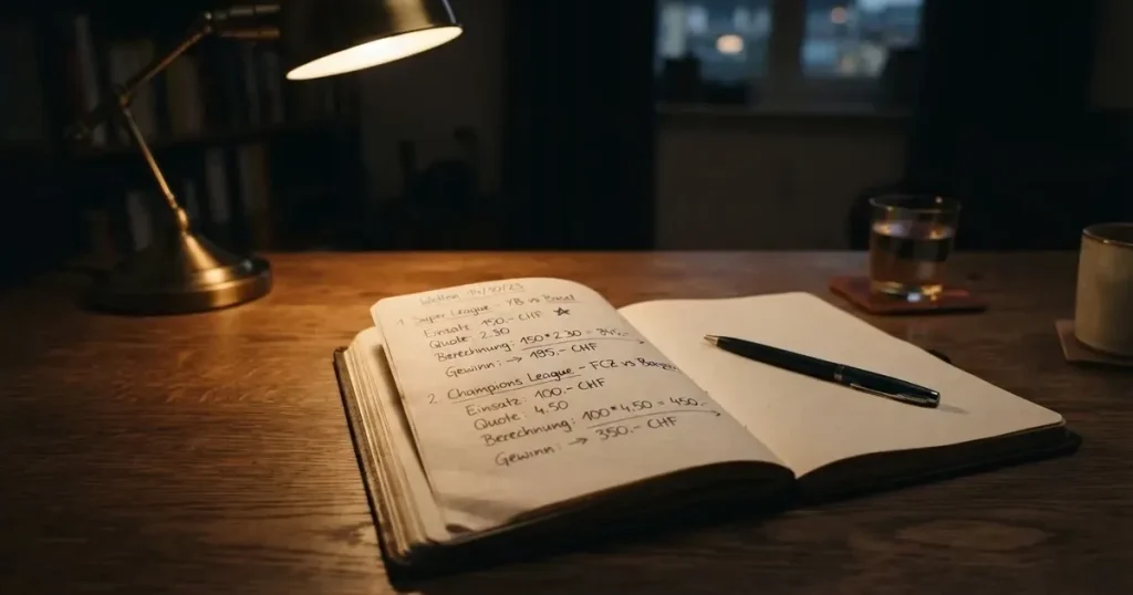 Eine Schreibtischlampe beleuchtet am späten Abend einen Block mit handschriftlichen Notizen und einen Stift.