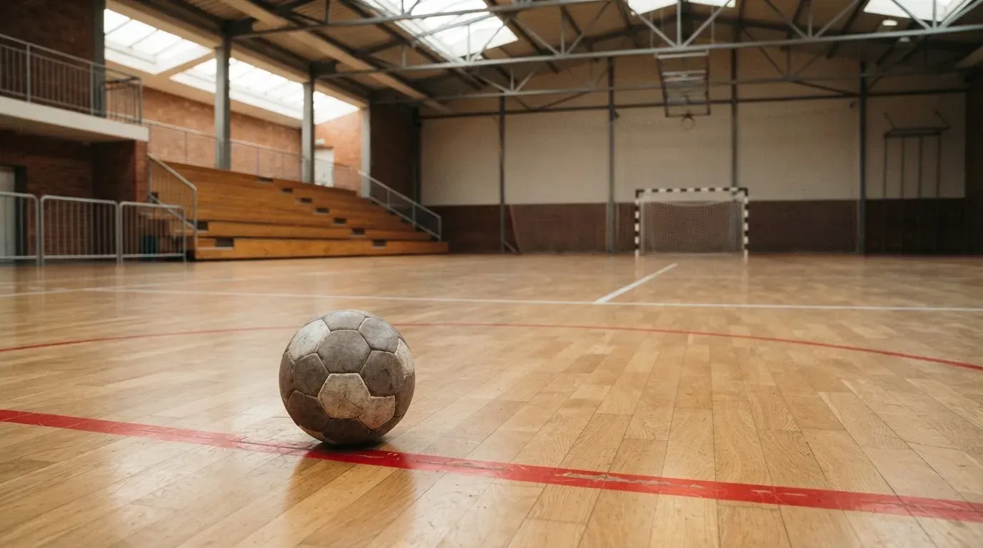 Ein Handball liegt am Rand des Torraums in einer leeren Sporthalle, Licht fällt durch Oberlichter auf den Hallenboden.