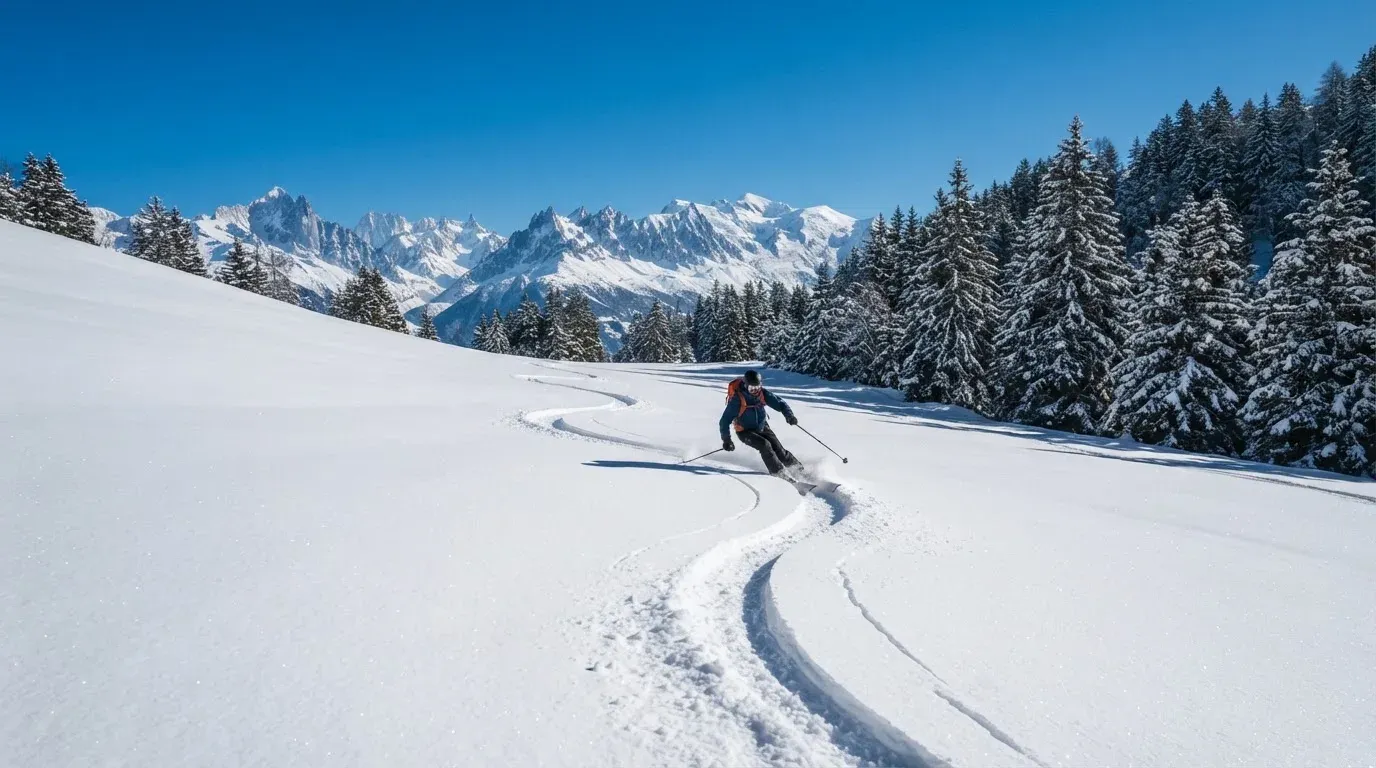 Ein Skihang mit frischen Spuren im Neuschnee unter blauem Himmel, am Rand stehen verschneite Tannen.