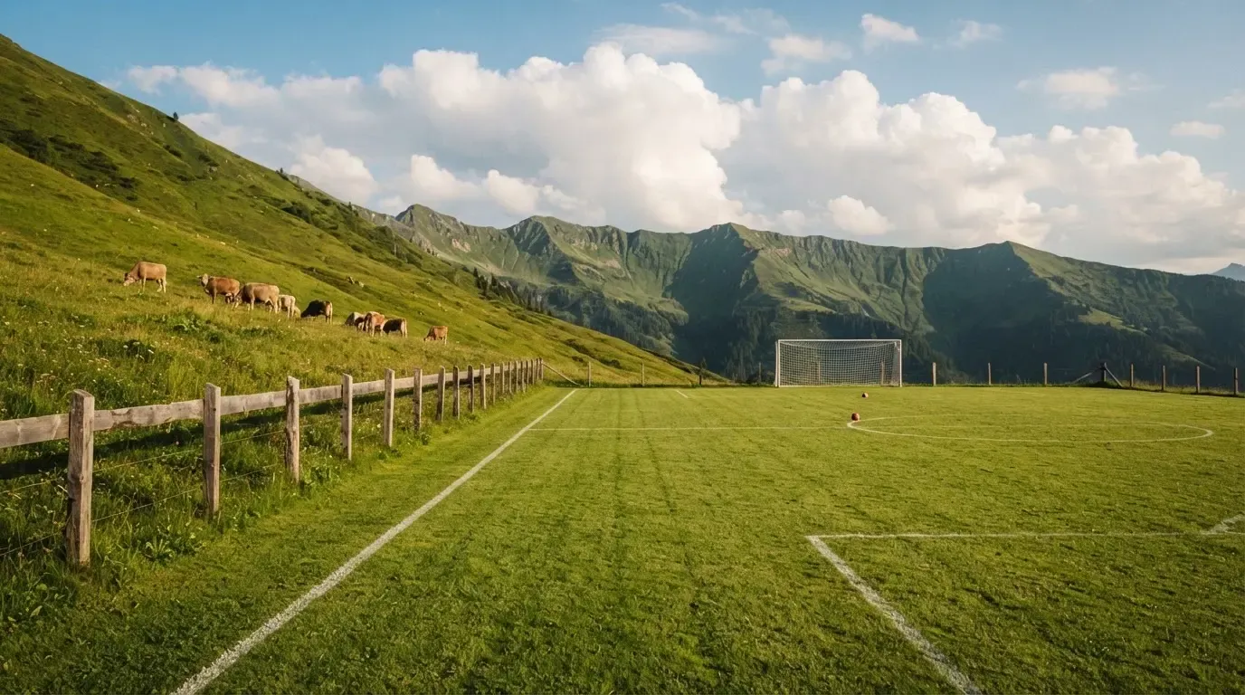 Ein Dorffussballplatz mit Holzzaun am Hang, dahinter grasen Kühe auf einer Weide unter hohen Wolken.