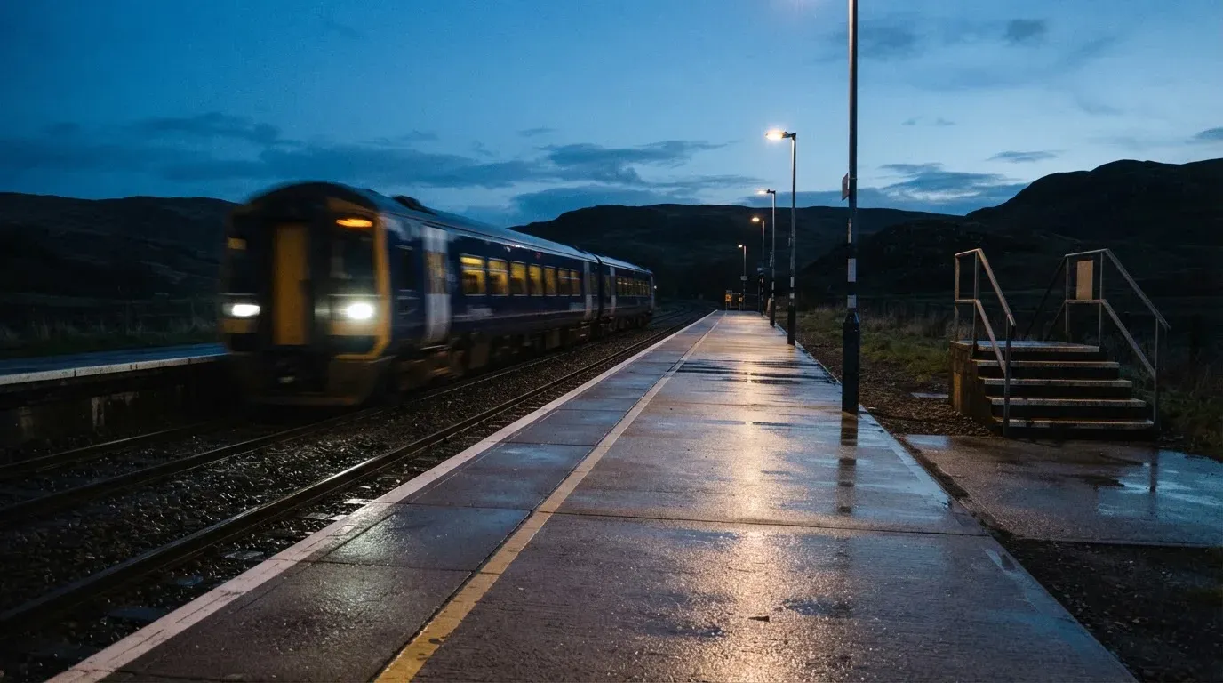Ein Bahnsteig in der Abenddämmerung, ein Regionalzug fährt unscharf ein und Lichter spiegeln sich auf dem nassen Beton.