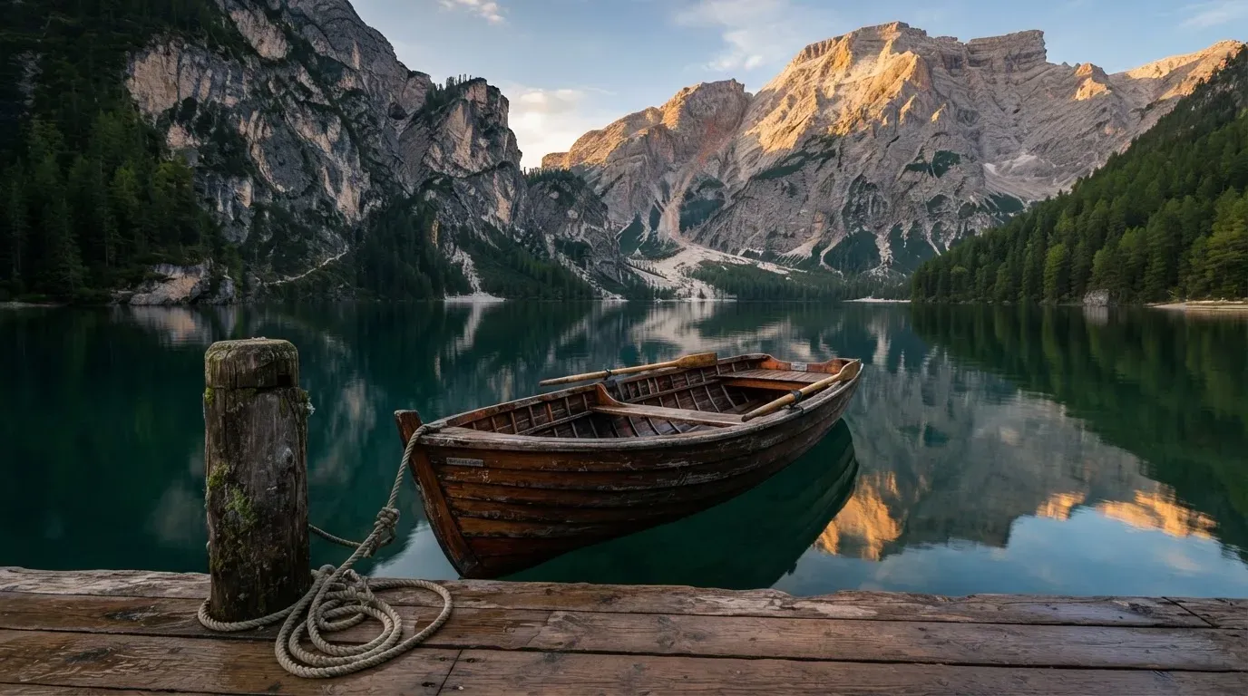 Ein schmales Ruderboot liegt an einem hölzernen Steg an einem Bergsee, dahinter steigen steile Felswände auf.