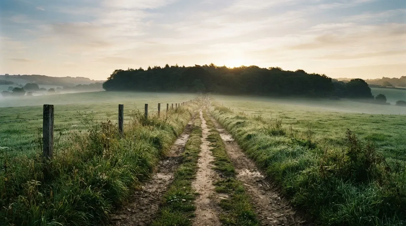 Ein Feldweg führt bei Sonnenaufgang zwischen Wiesen auf ein Waldstück zu.