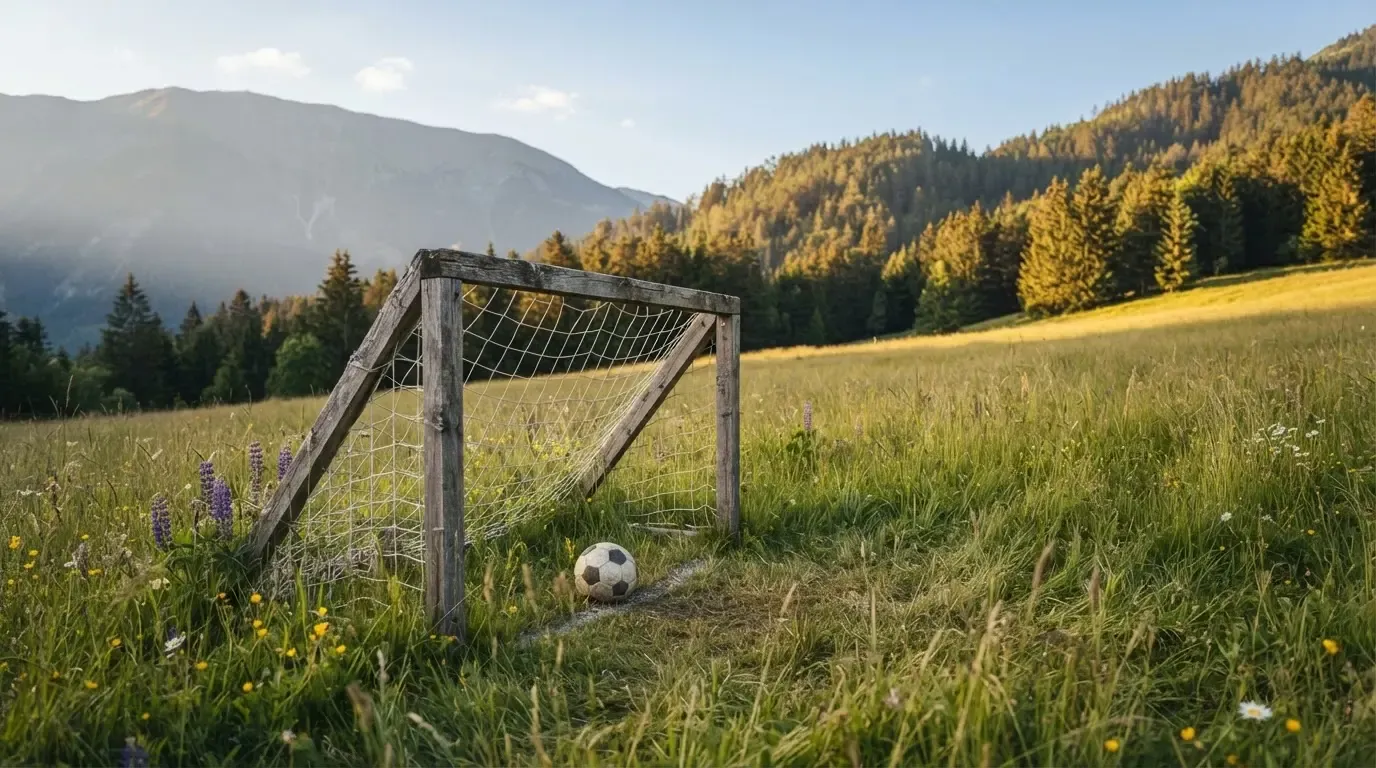 Eine Almwiese mit einem kleinen Holztor für Kinderfussball, dahinter erheben sich bewaldete Hänge im Nachmittagslicht.