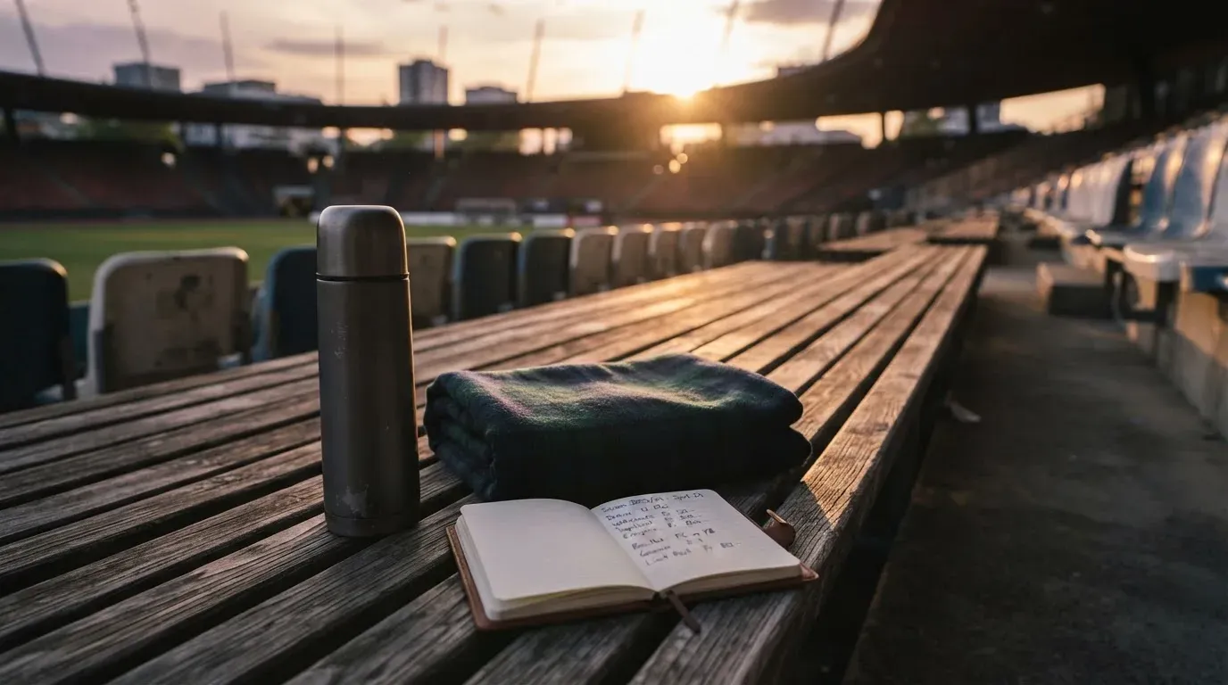 Eine Thermoskanne und eine zusammengelegte Wolldecke stehen auf einer leeren Stadionbank, die Sonne geht hinter den Rängen unter.