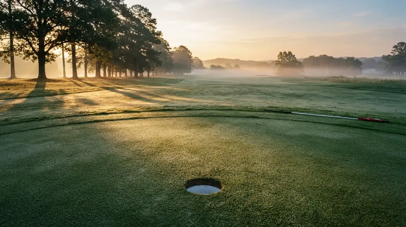 Ein Golfgrün bei Sonnenaufgang mit Tau auf dem Rasen, die Fahnenstange fehlt und im Hintergrund ziehen Nebelschwaden.