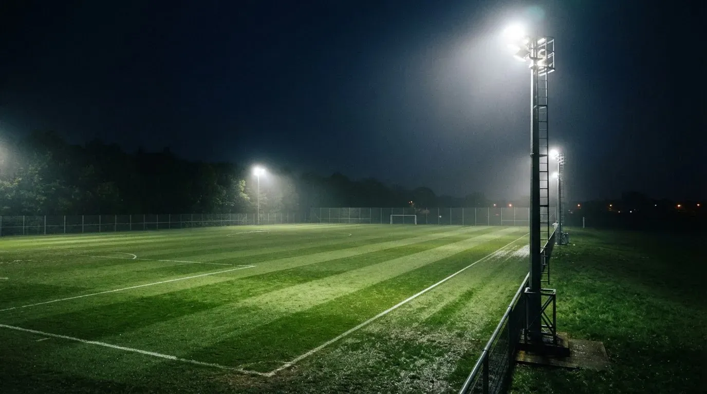Hohe Flutlichtmasten ragen nachts über einen leeren Trainingsplatz, der Rasen glänzt im weissen Licht.