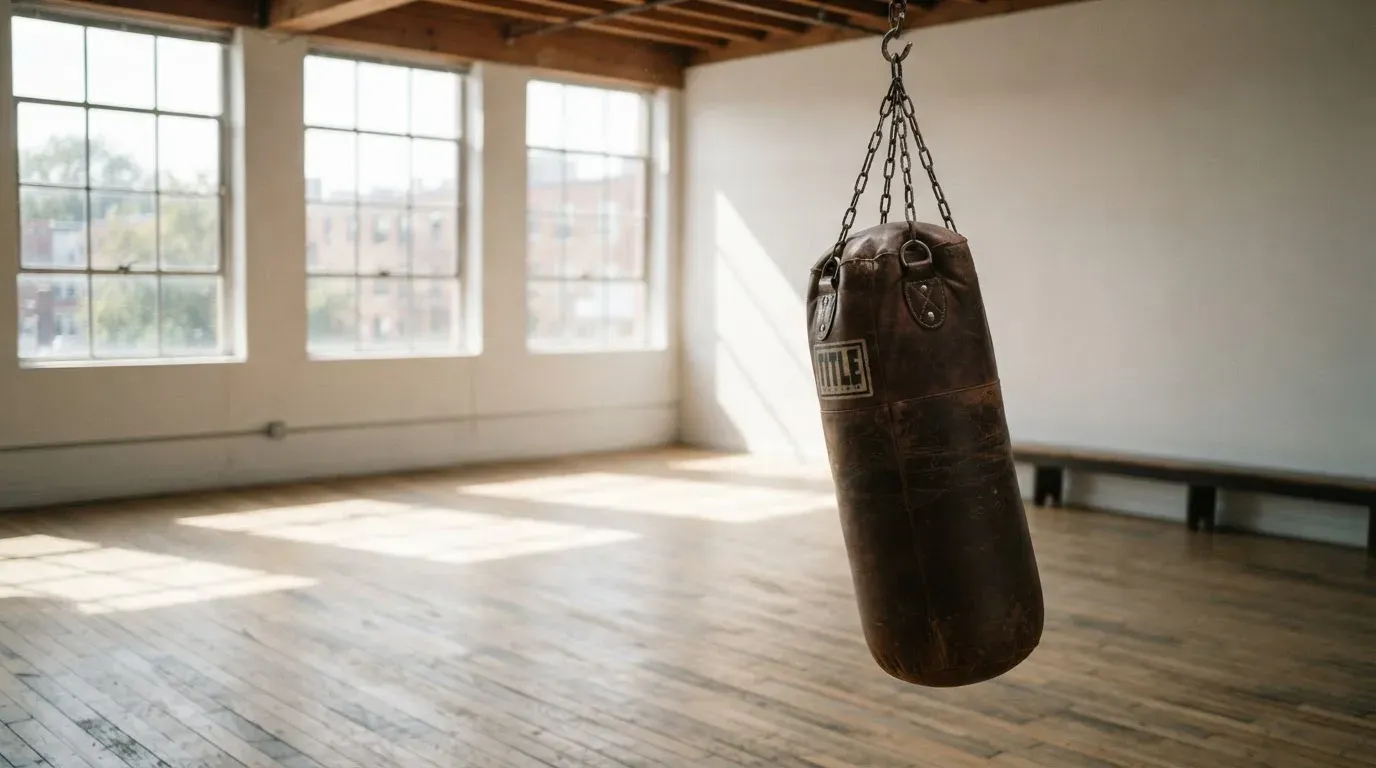 Ein Boxsack hängt an einer Kette in einem leeren Trainingsraum mit hellem Holzboden und grossen Fenstern.