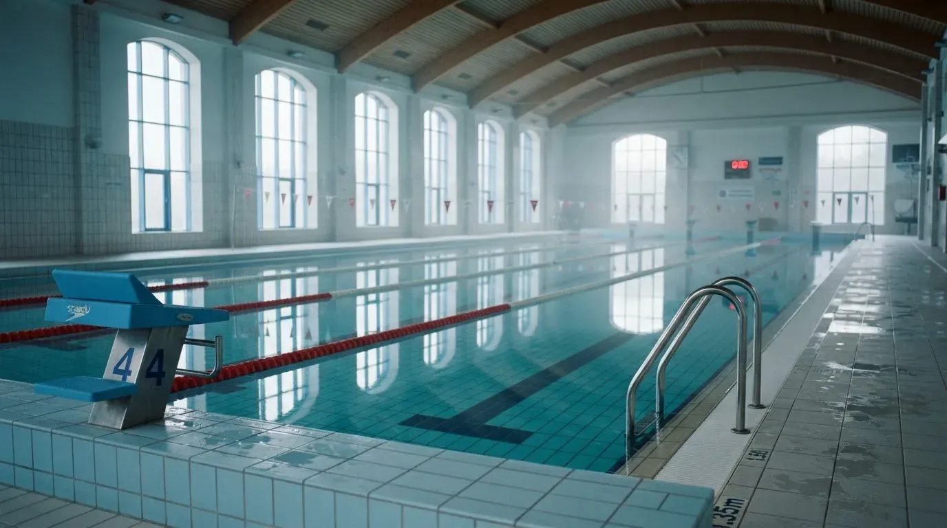 Eine ruhige Schwimmhalle mit glattem Wasser im Becken und gespannten Bahnleinen, Licht fällt durch hohe Fenster.