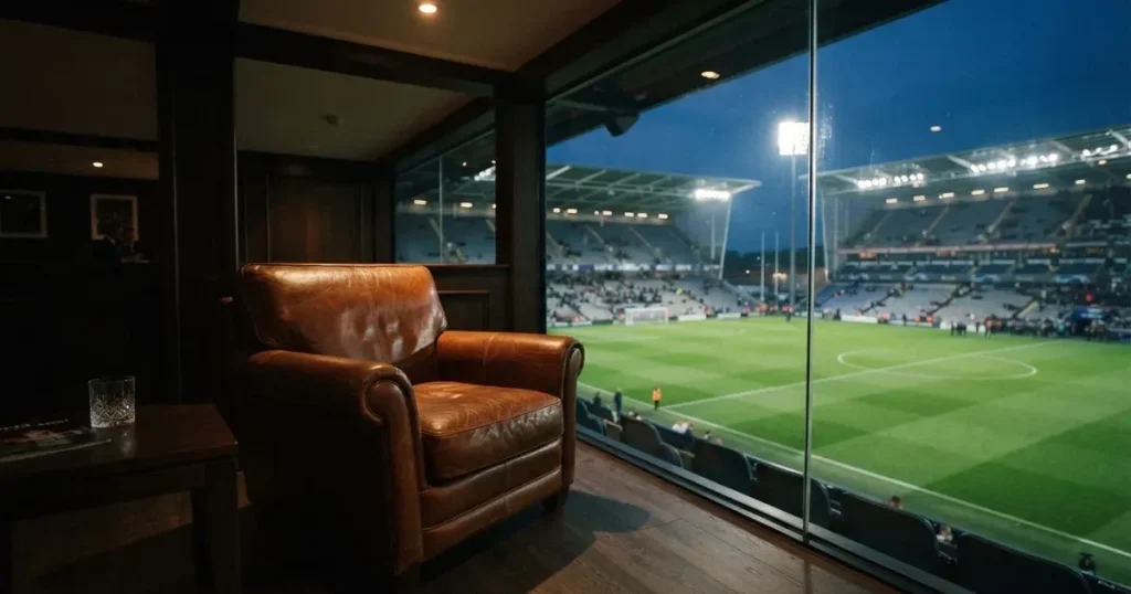 Ein leerer Ledersessel steht in einer Stadionloge mit Blick auf das Spielfeld im Abendlicht.