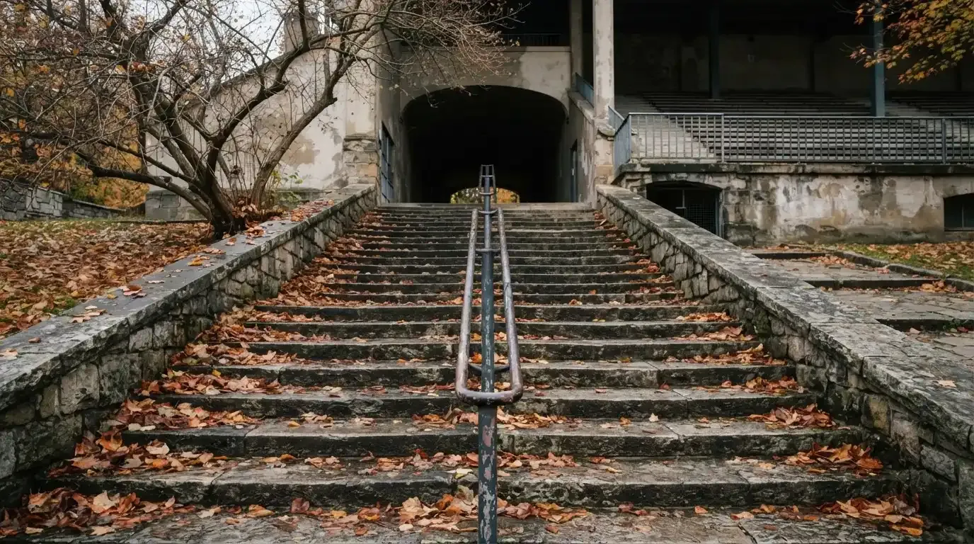 Eine breite Steintreppe führt zum Eingang einer Tribüne, Herbstlaub liegt auf den Stufen.