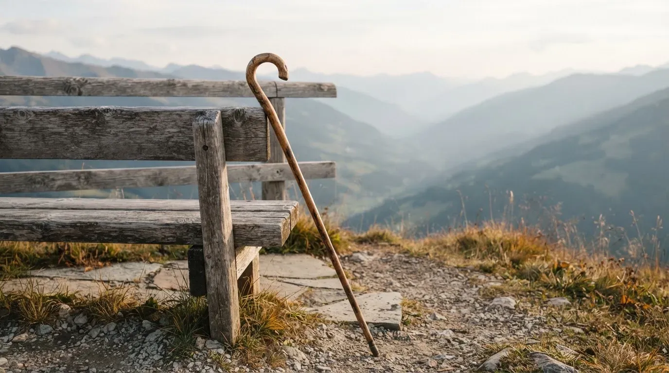 Ein Wanderstock lehnt an einer Holzbank auf einem Aussichtspunkt, dahinter breitet sich ein Tal im Dunst aus.