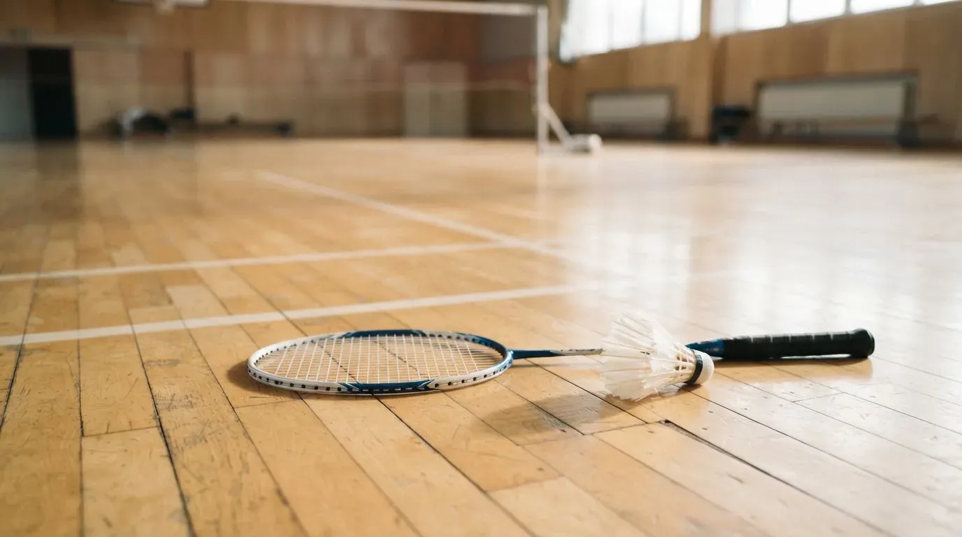 Ein Badmintonschläger liegt neben einem Federball auf dem hellen Hallenboden eines leeren Spielfelds.