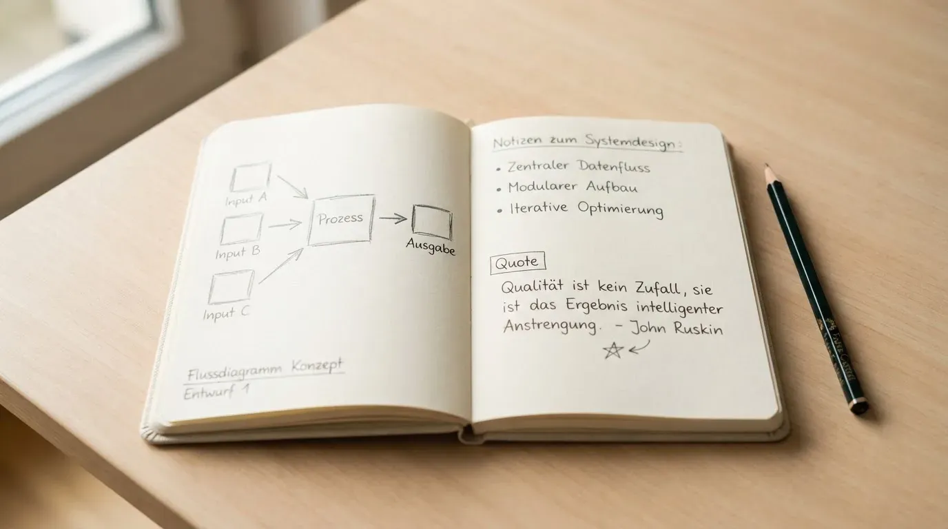 Ein aufgeschlagenes Notizbuch mit handgezeichneten Skizzen aus Kästchen und Pfeilen liegt neben einem Bleistift auf einem hellen Holztisch.