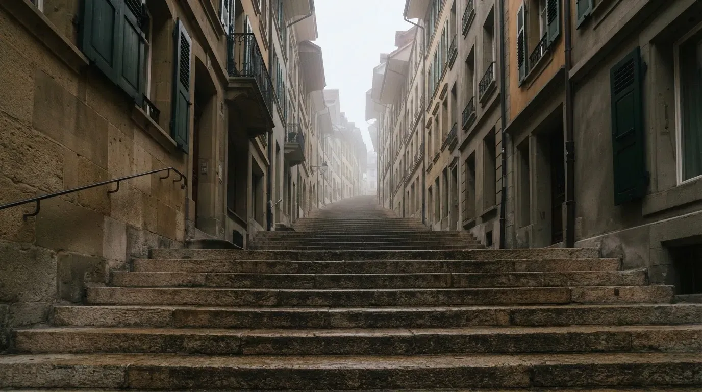 Eine breite Sandsteintreppe in einer Berner Altstadtgasse am frühen Morgen, niemand zu sehen, weiches Licht und leichter Nebel.